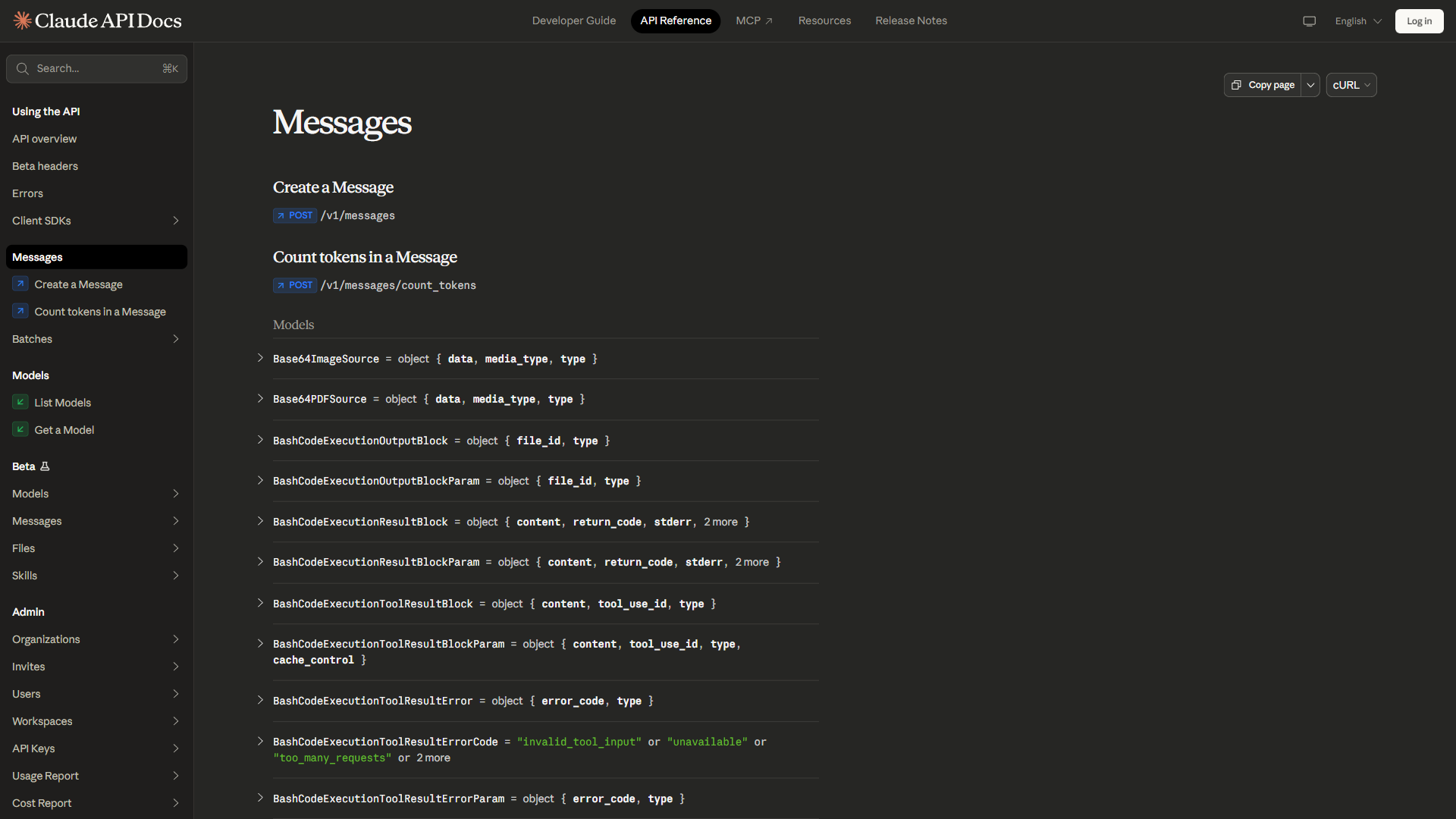 Claude API documentation showing Messages API endpoint structure and SDK integration examples