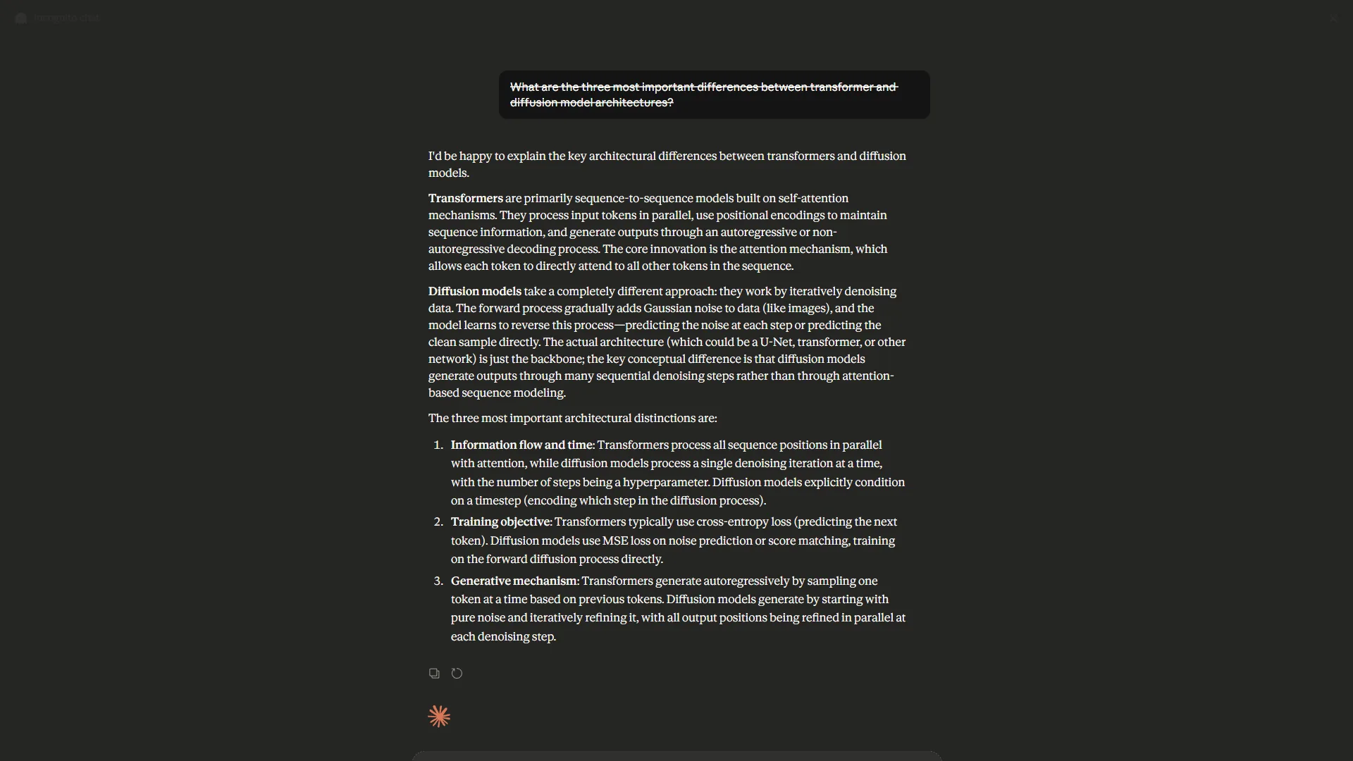Claude Code terminal interface with dark background showing a detailed AI response explaining architectural differences between transformer and diffusion models