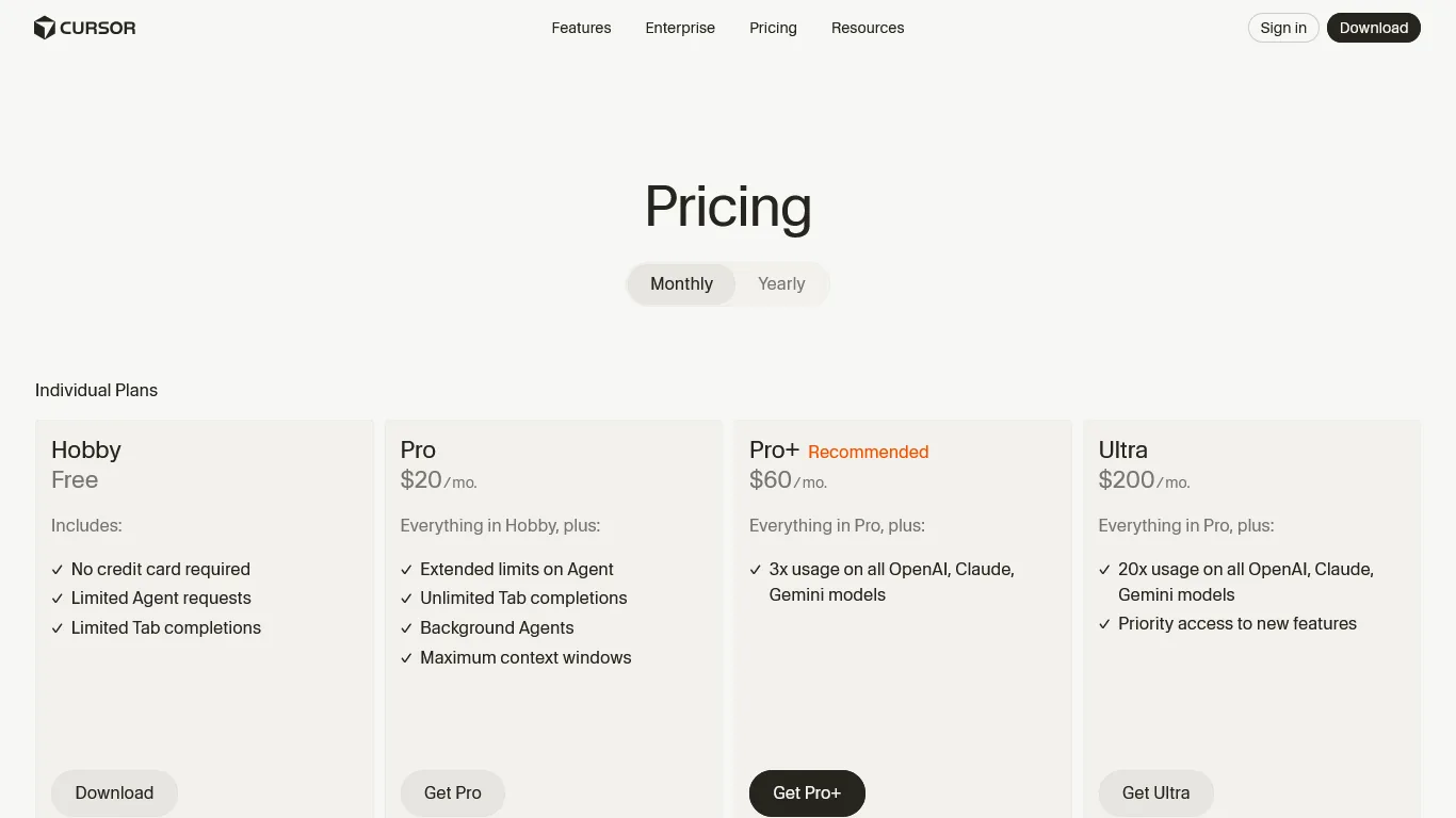 Cursor pricing tiers from Hobby to Enterprise