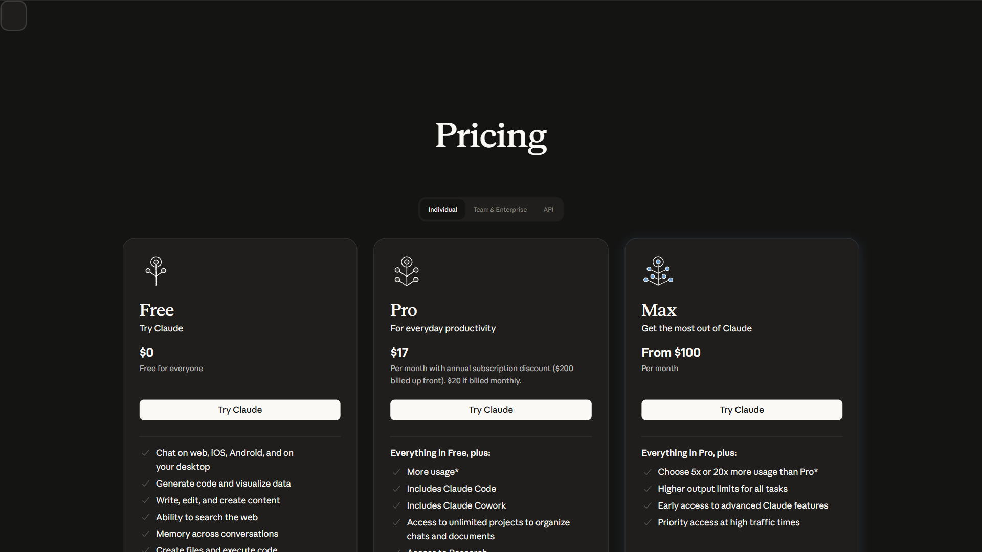 Claude pricing page showing the Free, Pro, and Max individual plans