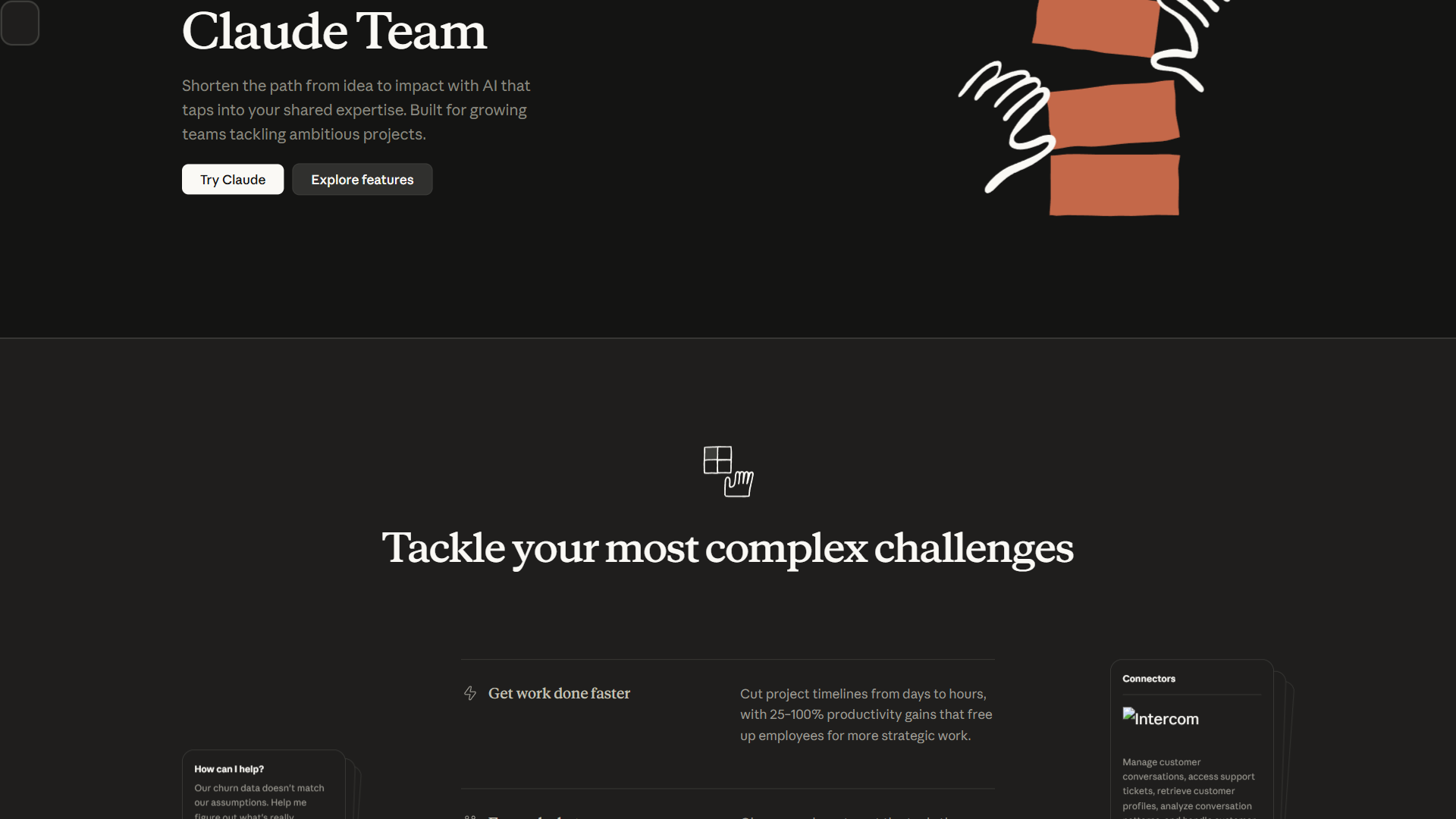 Claude for Work page describing Team admin and security controls