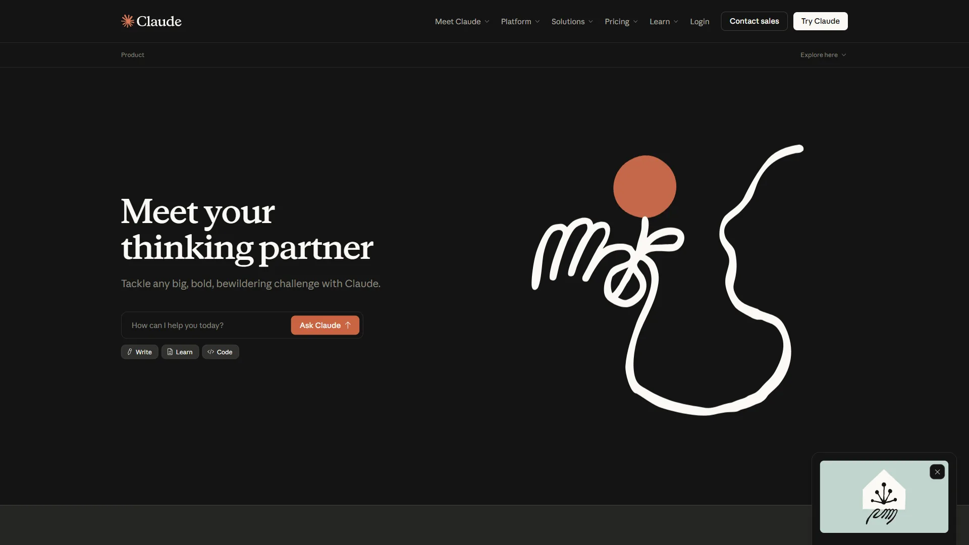 Claude marketing page with Meet your thinking partner headline and abstract illustration