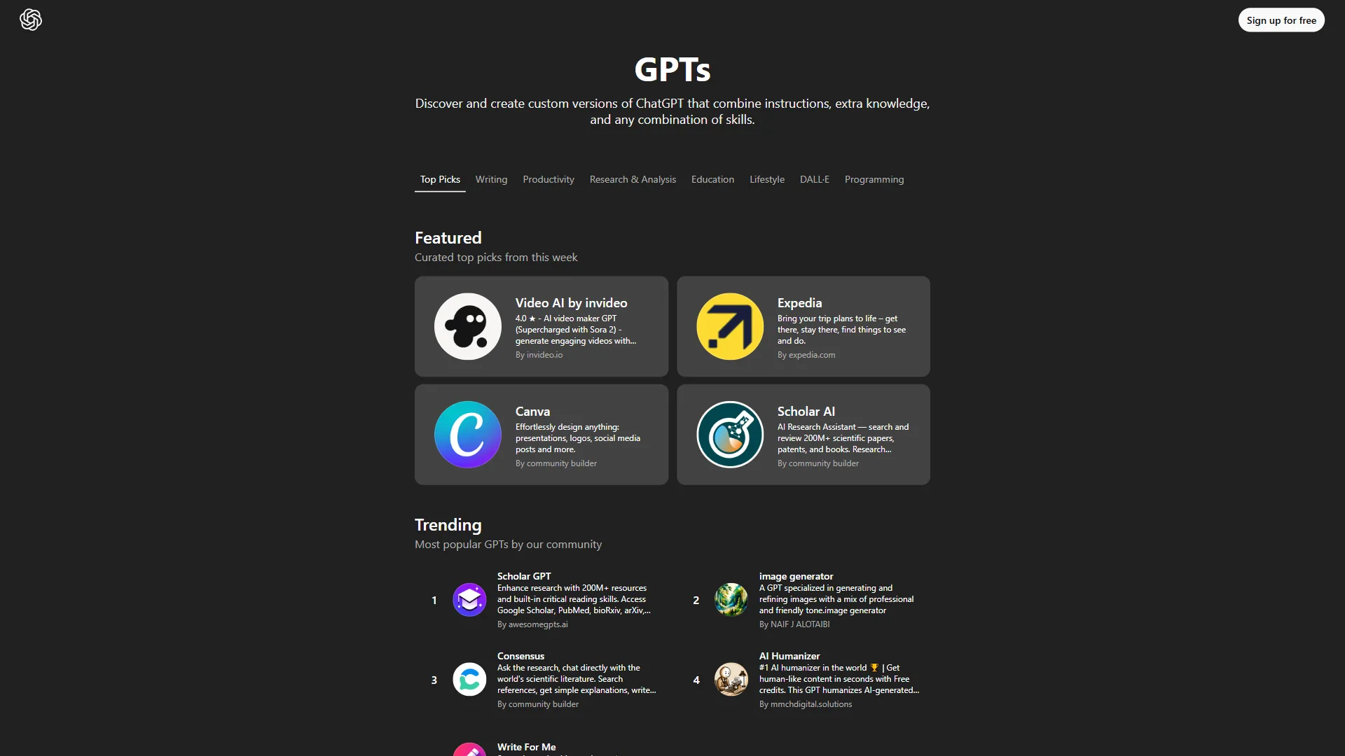 ChatGPT GPT Store displaying popular productivity-focused custom GPTs