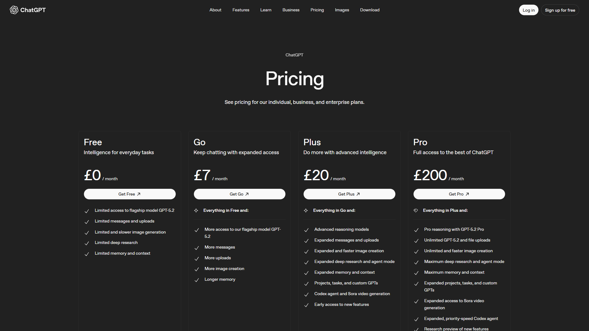 ChatGPT pricing page in British pounds showing Free, Go, Plus, and Pro tiers