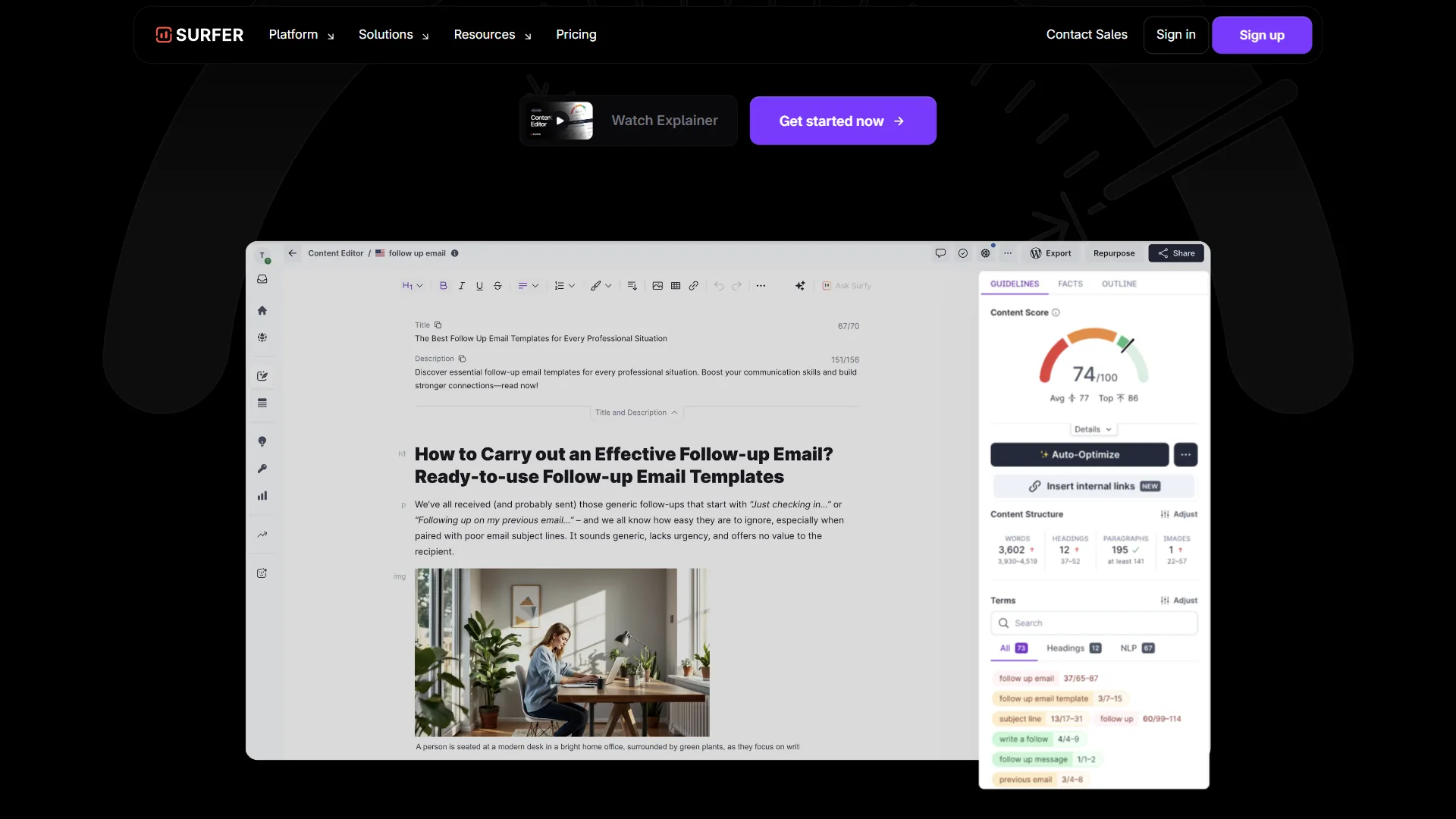 Surfer SEO marketing page showing Content Editor with a follow-up email article, content score gauge, and keyword panel