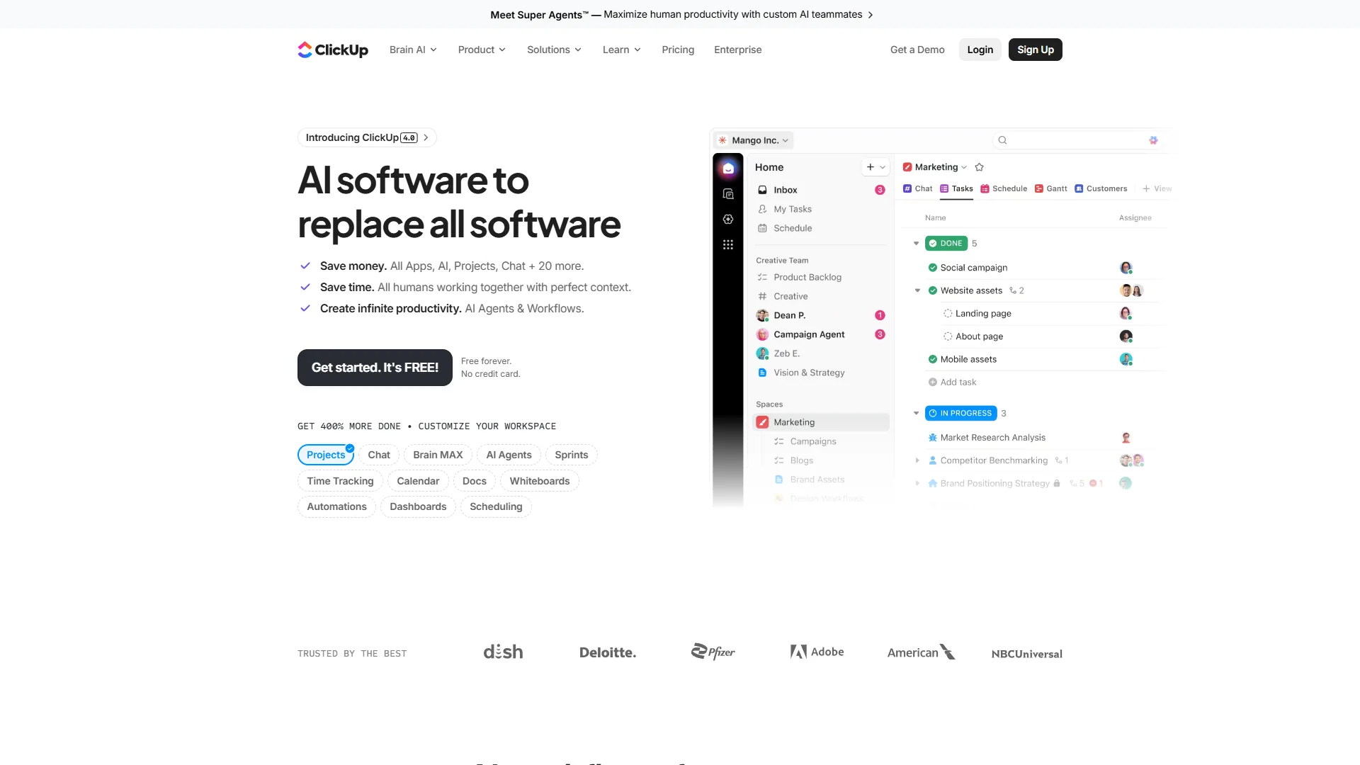 ClickUp project dashboard showing multiple view types, ClickUp Brain AI, and customizable workspace