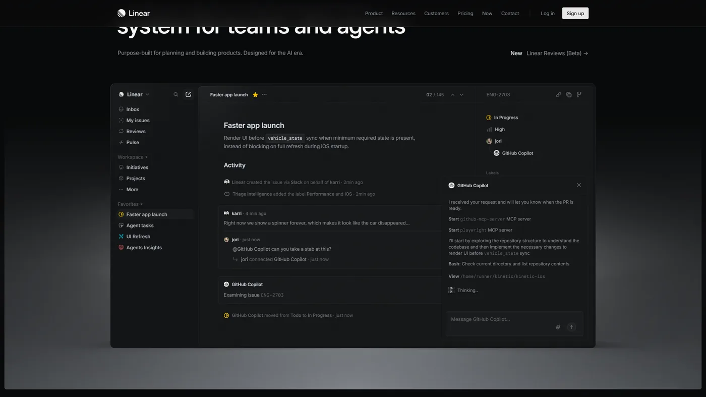 Linear engineering-focused project management showing cycle planning, issue tracking, and GitHub integration