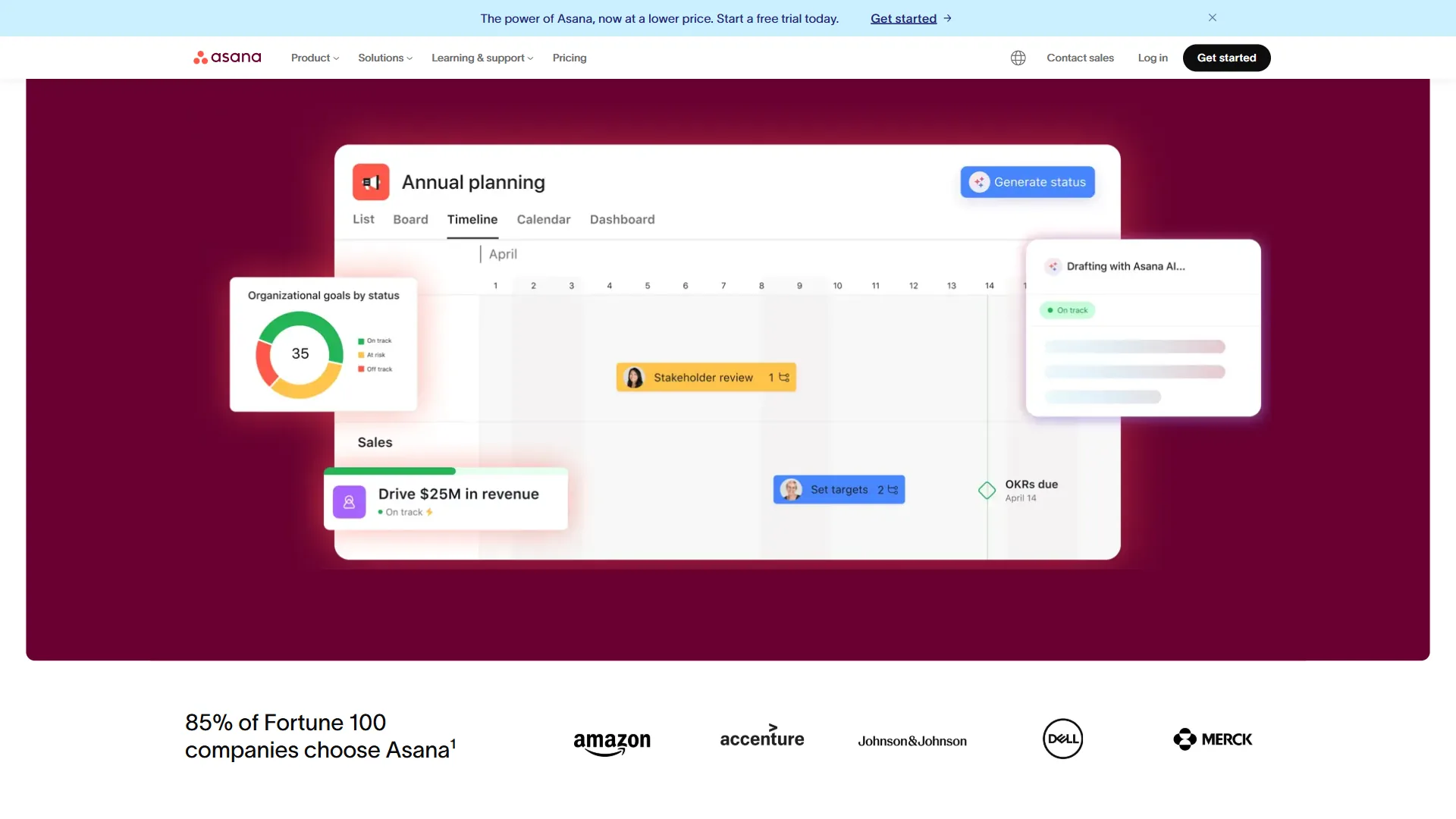 Asana project management homepage showing team collaboration and workflow features