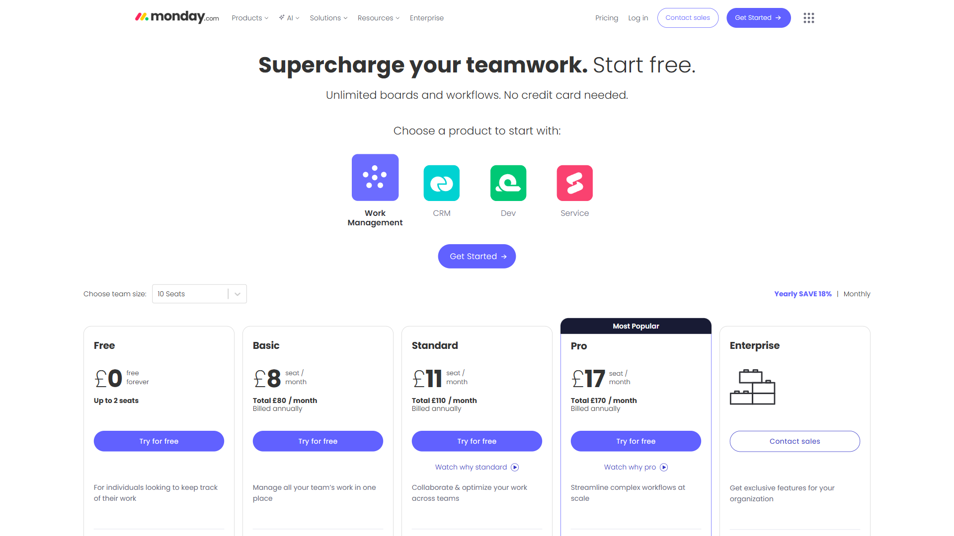 Monday.com pricing page displaying Individual, Basic, Standard, Pro, and Enterprise plan tiers