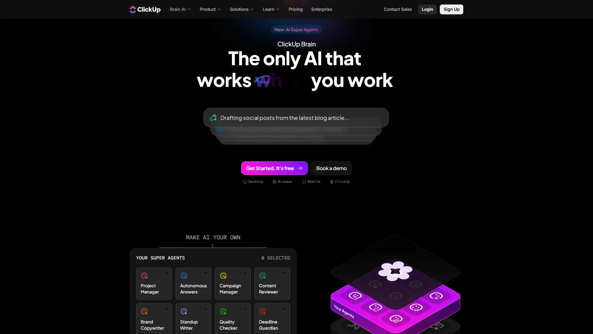 ClickUp Brain AI assistant showing task summaries, project insights, and AI-powered automation suggestions