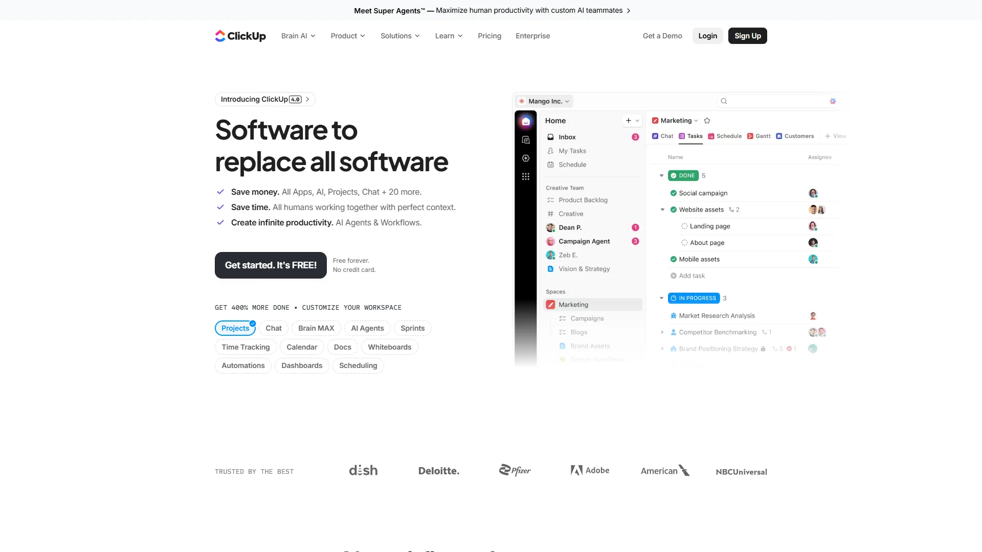 ClickUp homepage with Software to replace all software headline and sidebar navigation preview