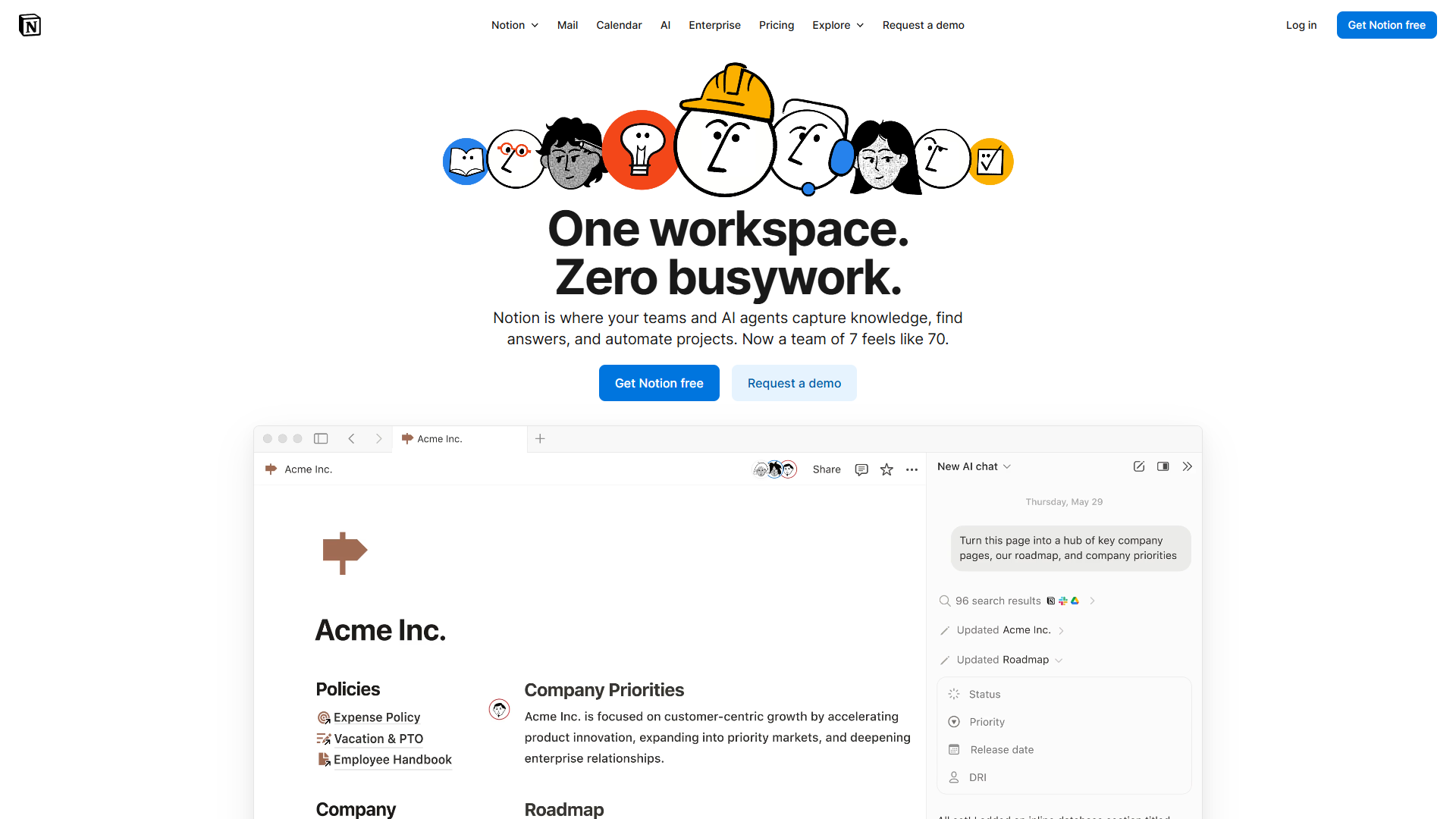Notion workspace showing database views, sidebar navigation, and block-based editor