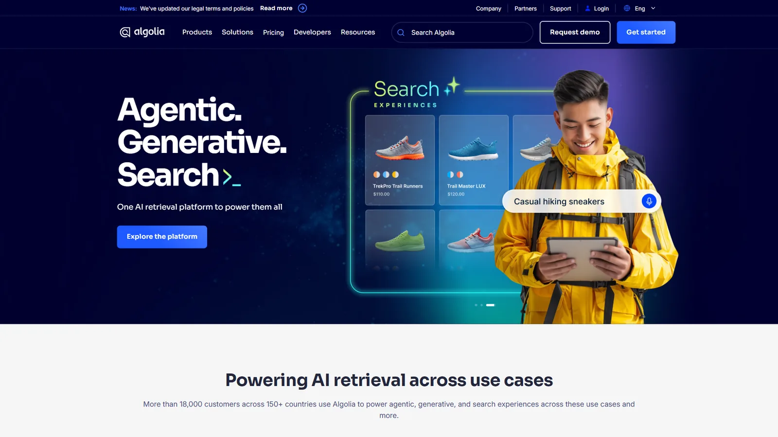 Algolia search platform showing developer dashboard with real-time analytics