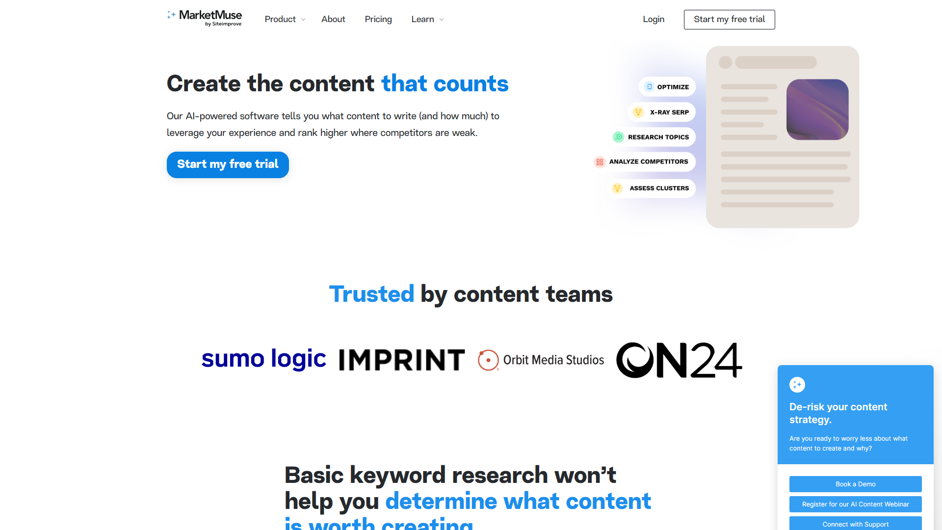 MarketMuse content optimization dashboard showing topic coverage analysis