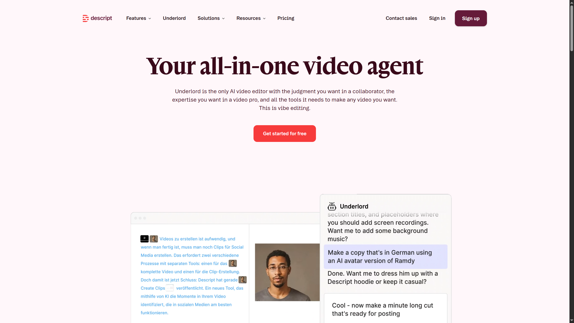 Descript text-based video editing showing transcript and timeline