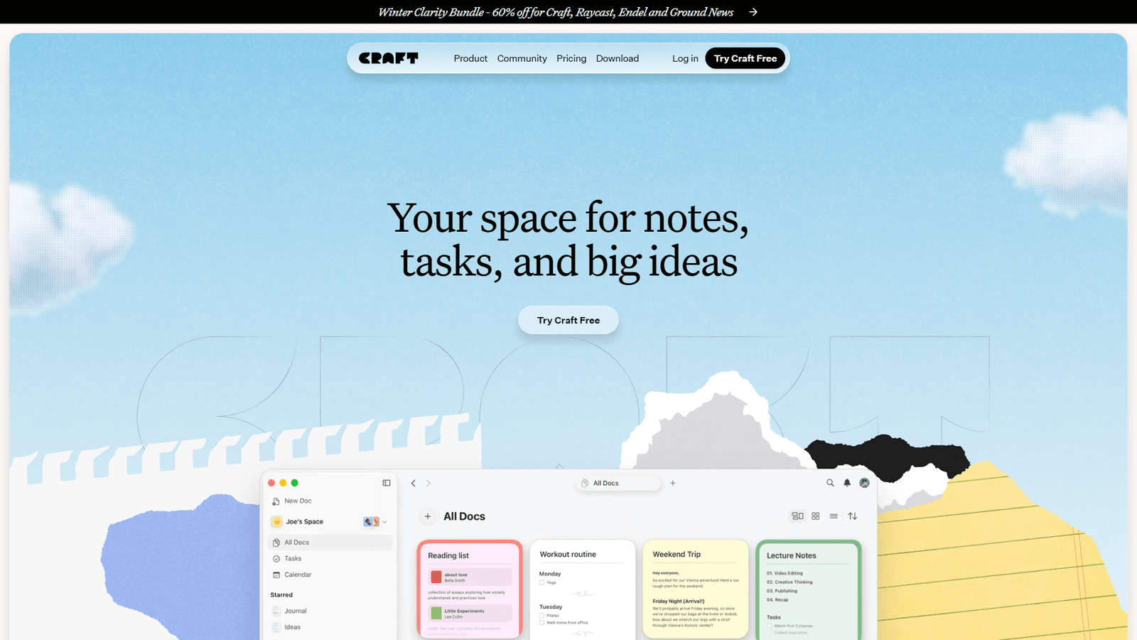 Craft docs interface showing All Docs view with colorful document cards organized in a workspace