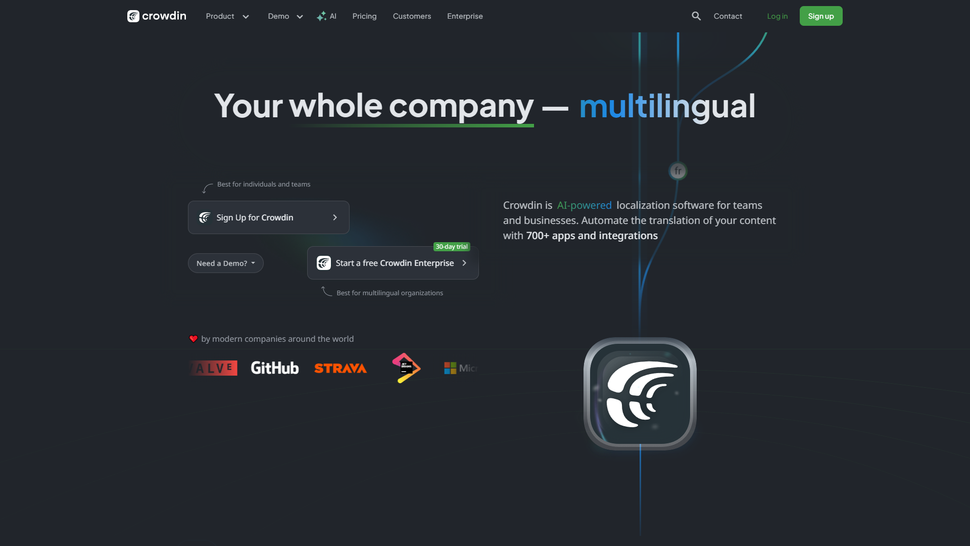 Crowdin interface showing translation editor with visual context and GitHub integration