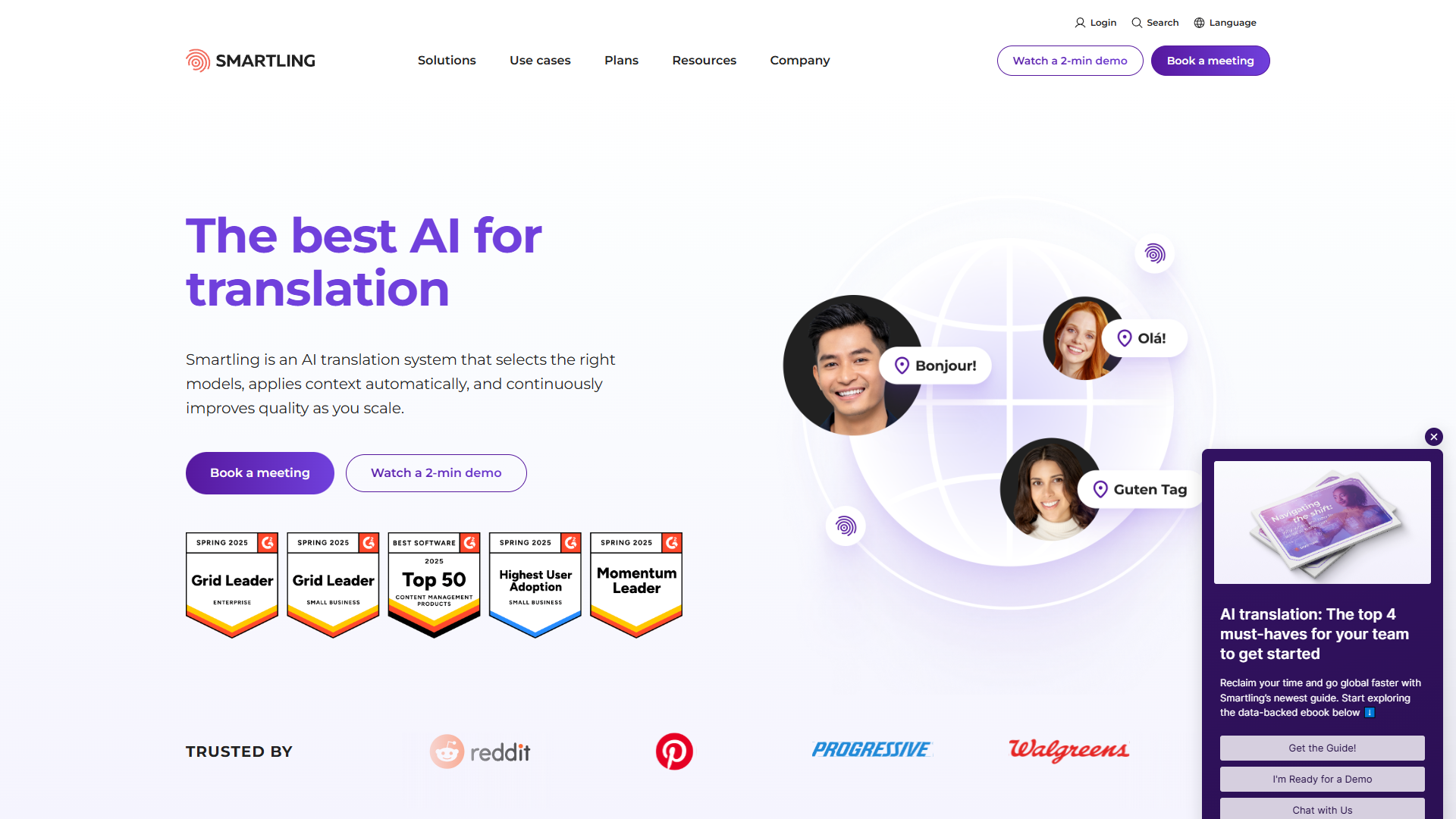 Smartling interface showing visual context editing and multi-LLM routing dashboard