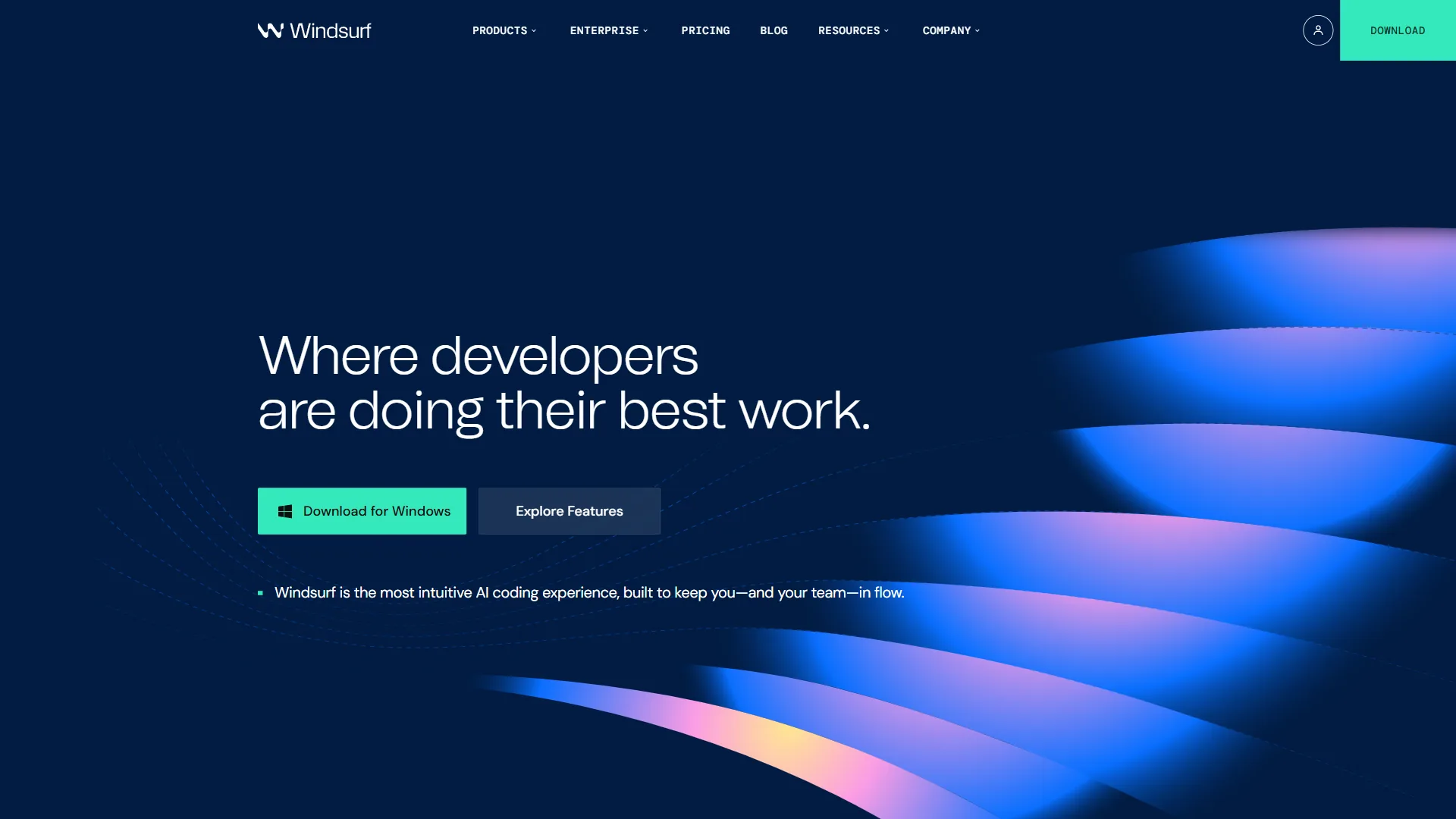 Windsurf homepage featuring the dark-themed AI code editor with download and feature exploration options