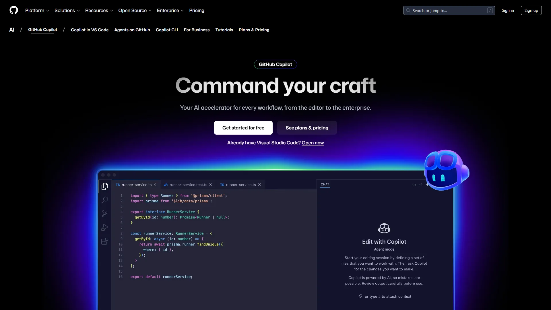 GitHub Copilot documentation portal showing overview, agent skills, and billing categories in dark mode