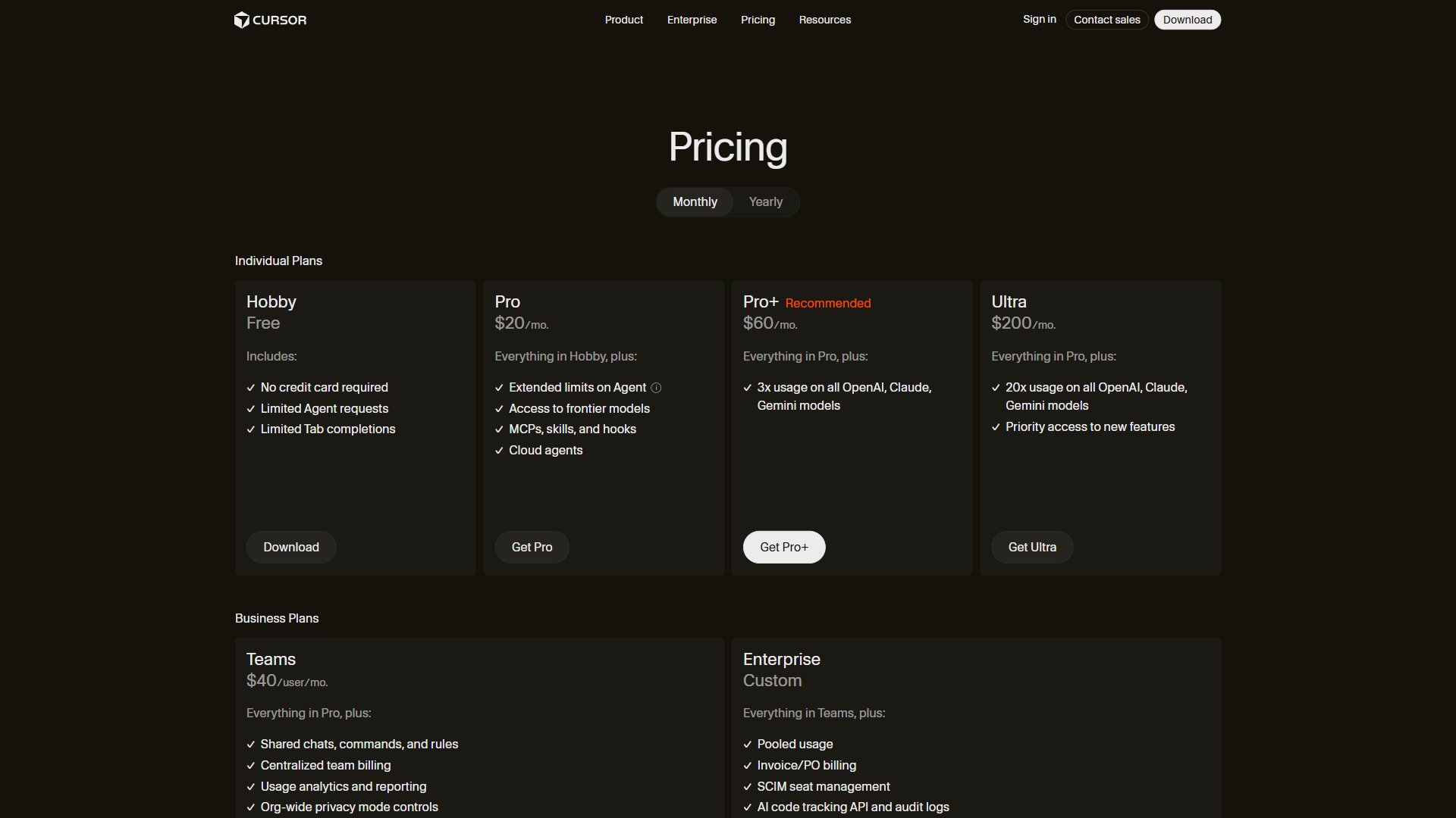 Cursor pricing page showing Hobby, Pro, Pro+, Ultra, Teams, and Enterprise tiers