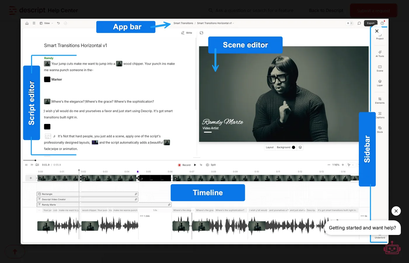 Descript podcast editing interface showing text-based editing with AI transcription and waveform view