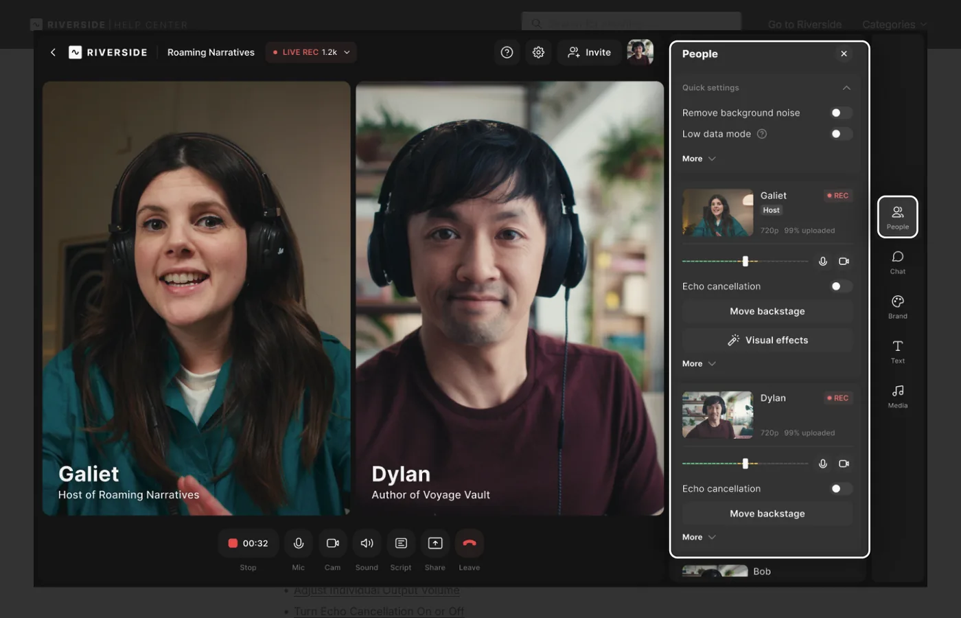 Riverside recording studio interface showing multiple participant video feeds and recording controls