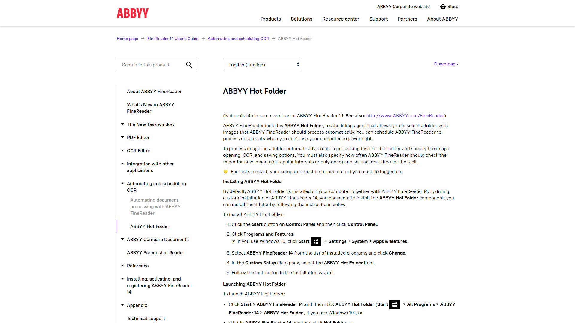 ABBYY FineReader Hot Folder documentation and settings