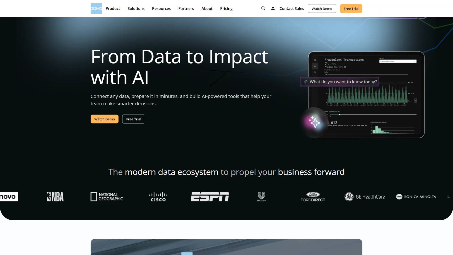 Domo's cloud-native business intelligence platform showing executive dashboards with real-time data cards, mobile-optimized views, and collaboration features