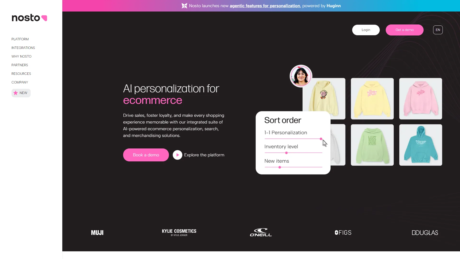 Nosto Commerce Experience Platform homepage showing AI-powered personalization for ecommerce