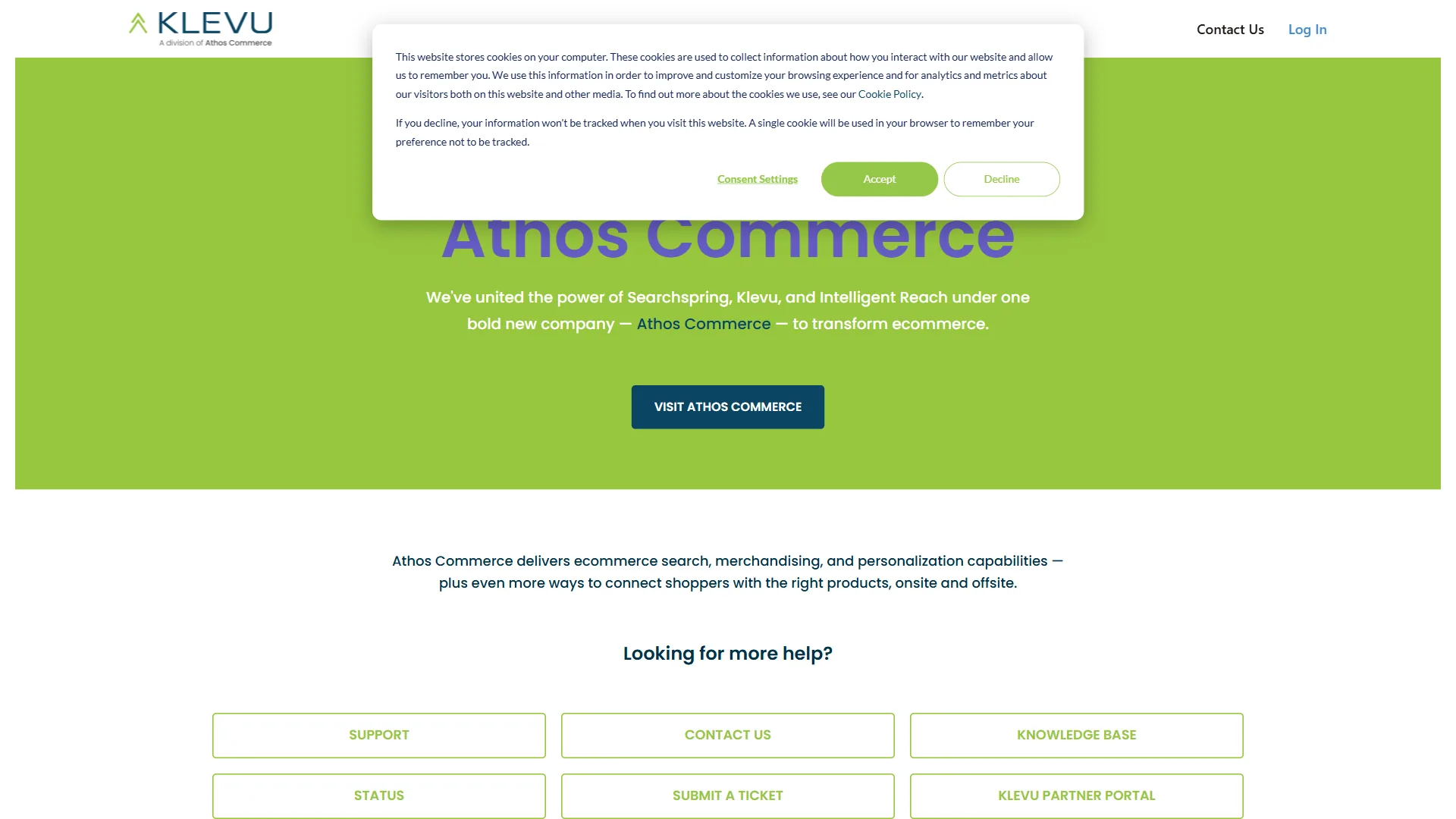 Klevu homepage announcing the Athos Commerce rebrand, uniting Searchspring, Klevu, and Intelligent Reach into one ecommerce platform
