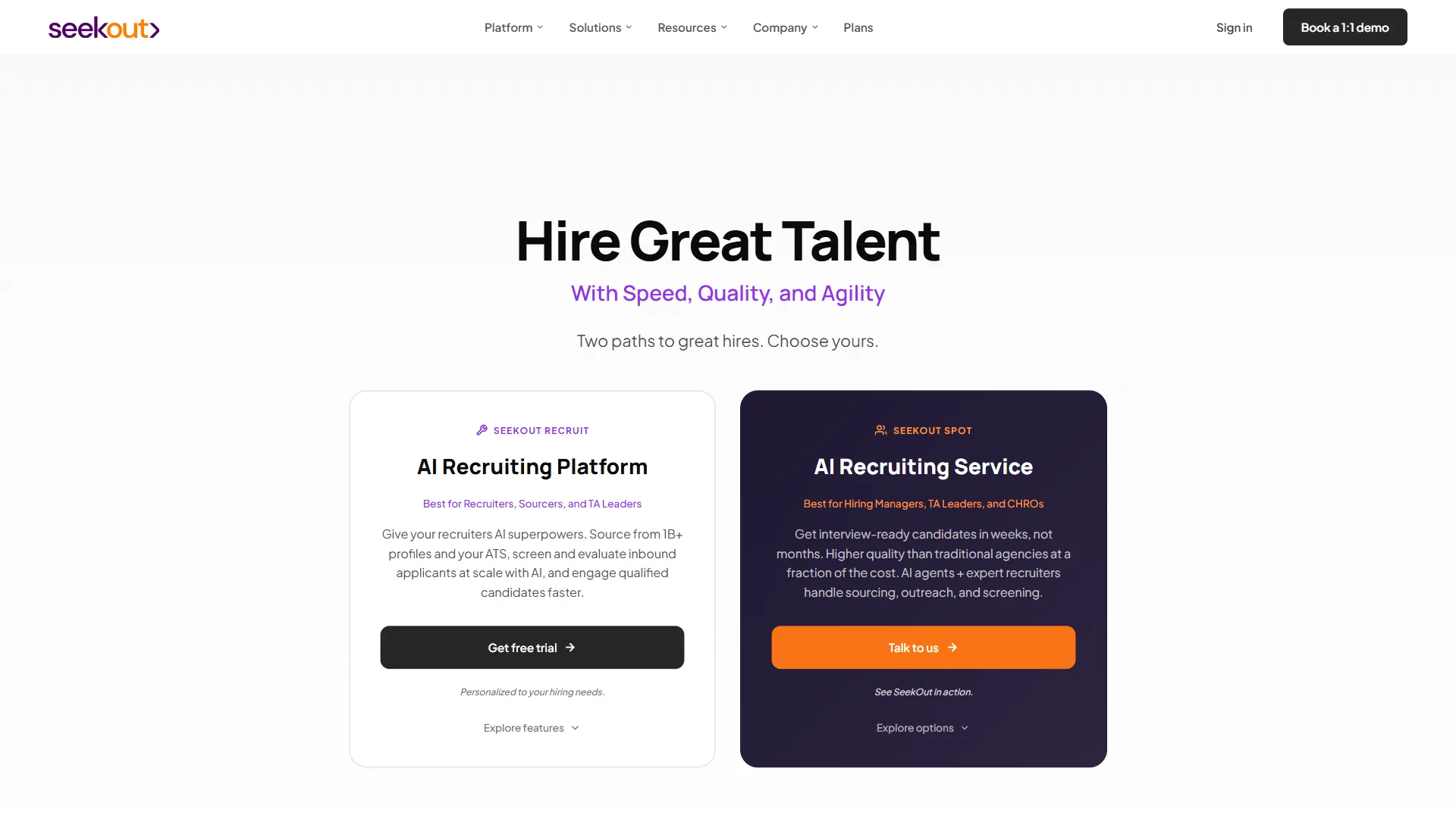SeekOut homepage featuring AI-powered talent search