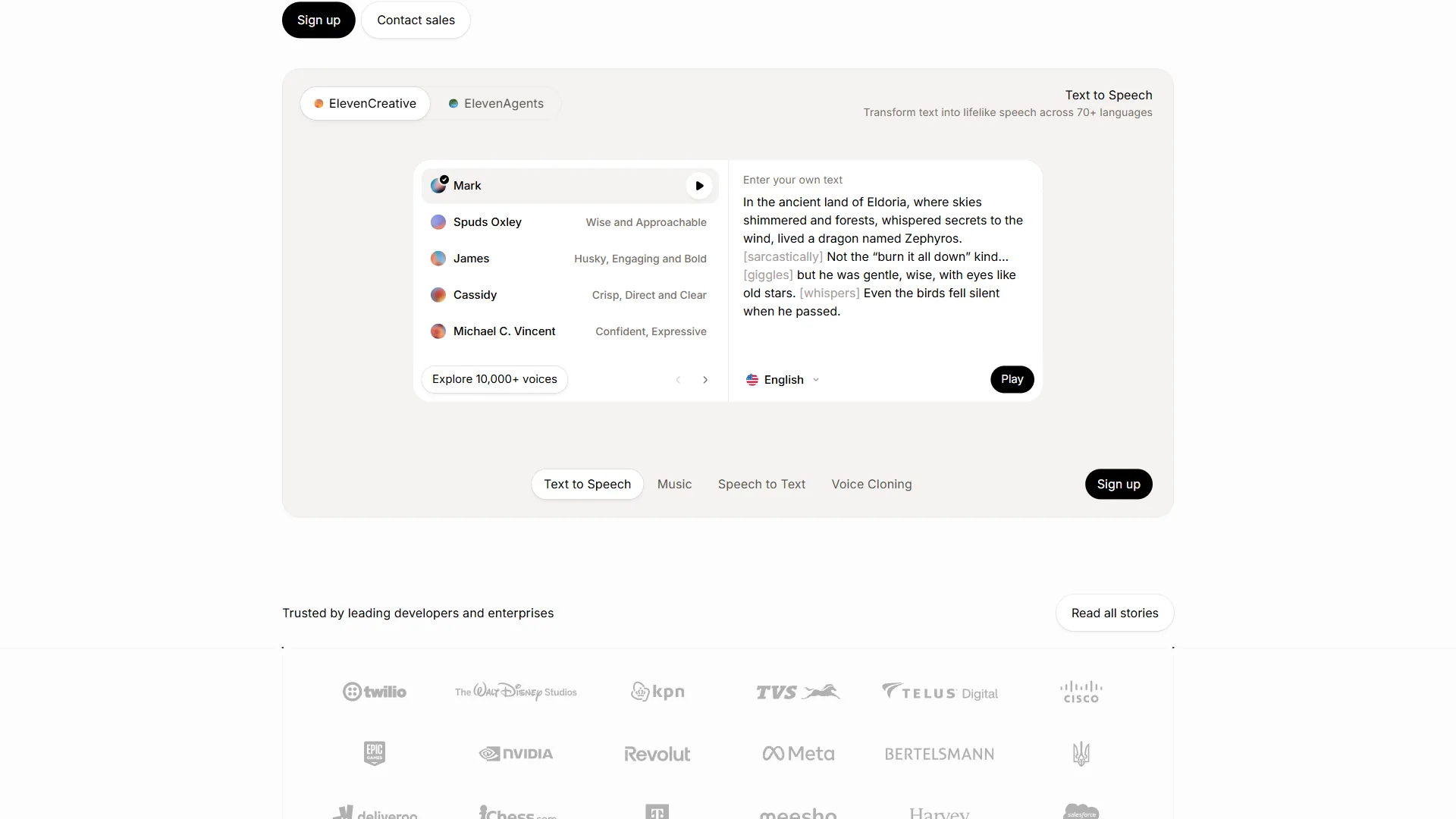 ElevenLabs voice studio interface showing voice cloning, speech synthesis, and multilingual voice generation tools
