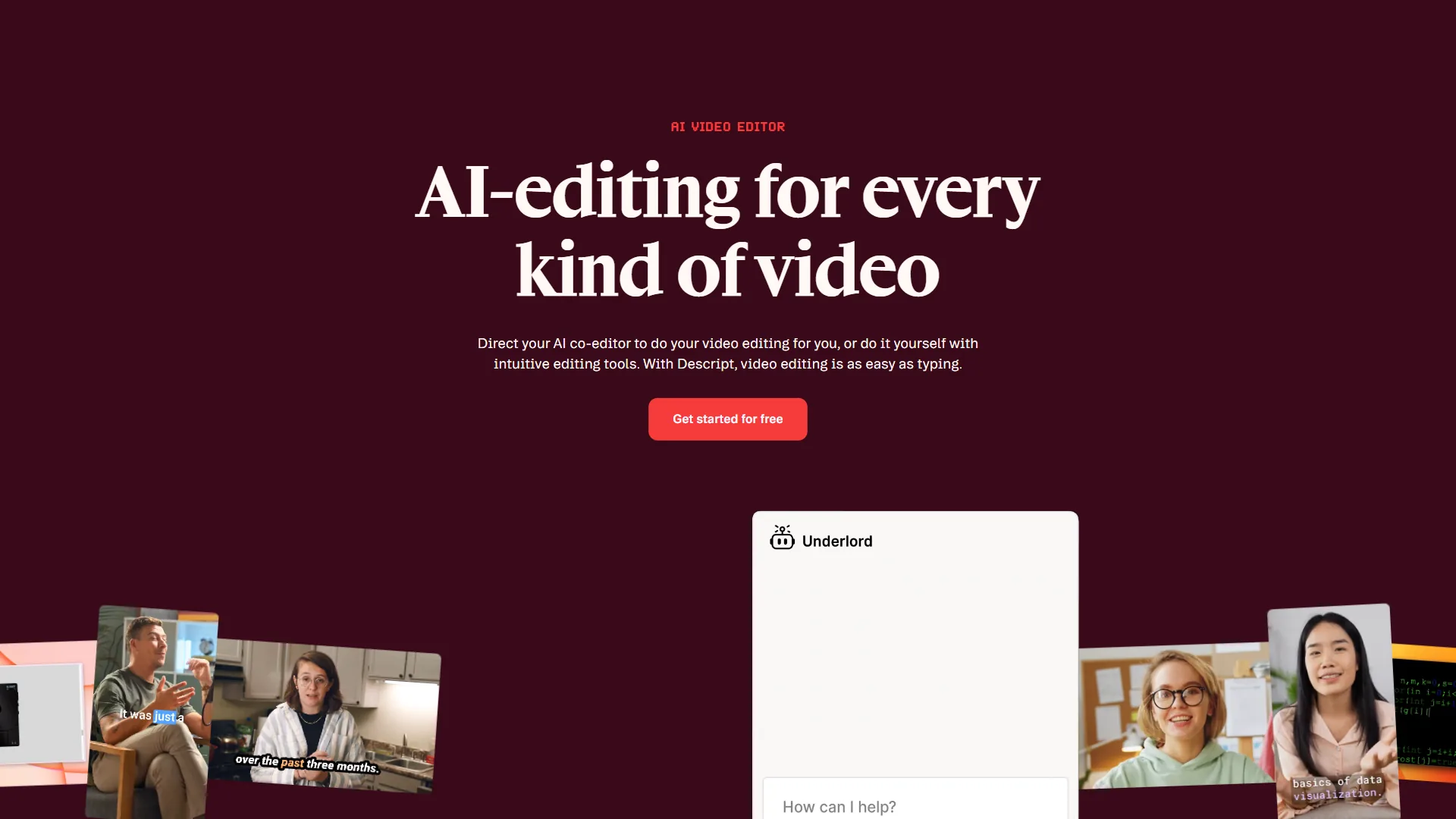 Descript podcast and video editing interface showing transcript-based editing, Overdub voice cloning, and timeline view