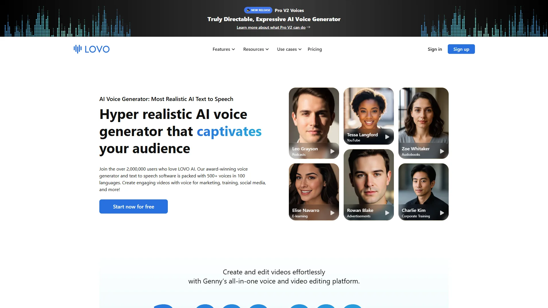 LOVO AI platform showing AI voice generator with text-to-speech, voice cloning, and video creation tools
