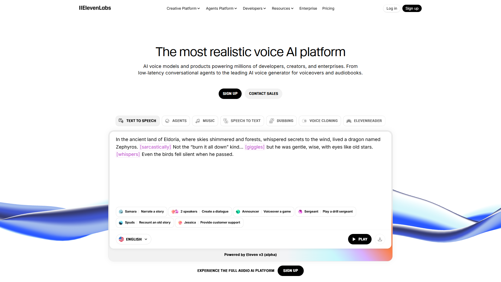 ElevenLabs platform homepage showing voice synthesis features