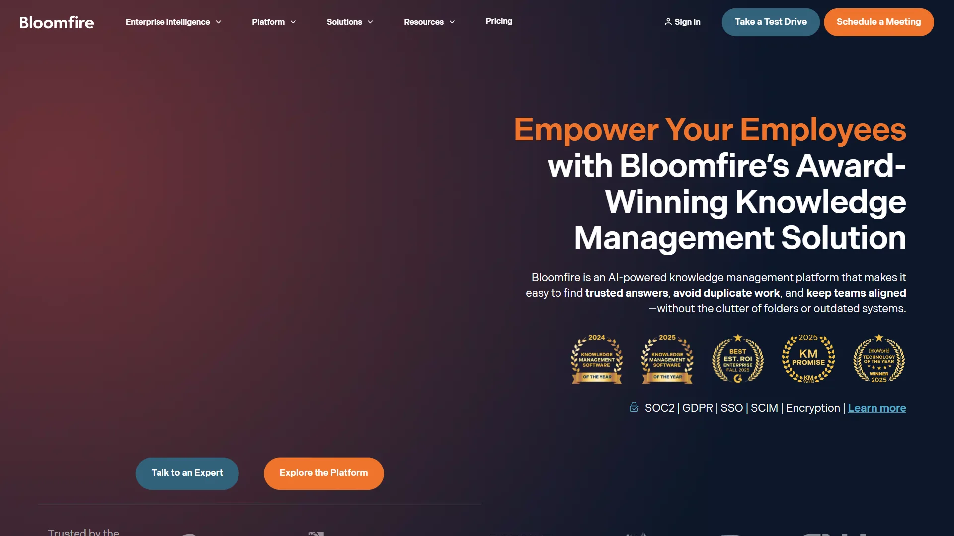 Bloomfire homepage showing AI-powered knowledge management interface