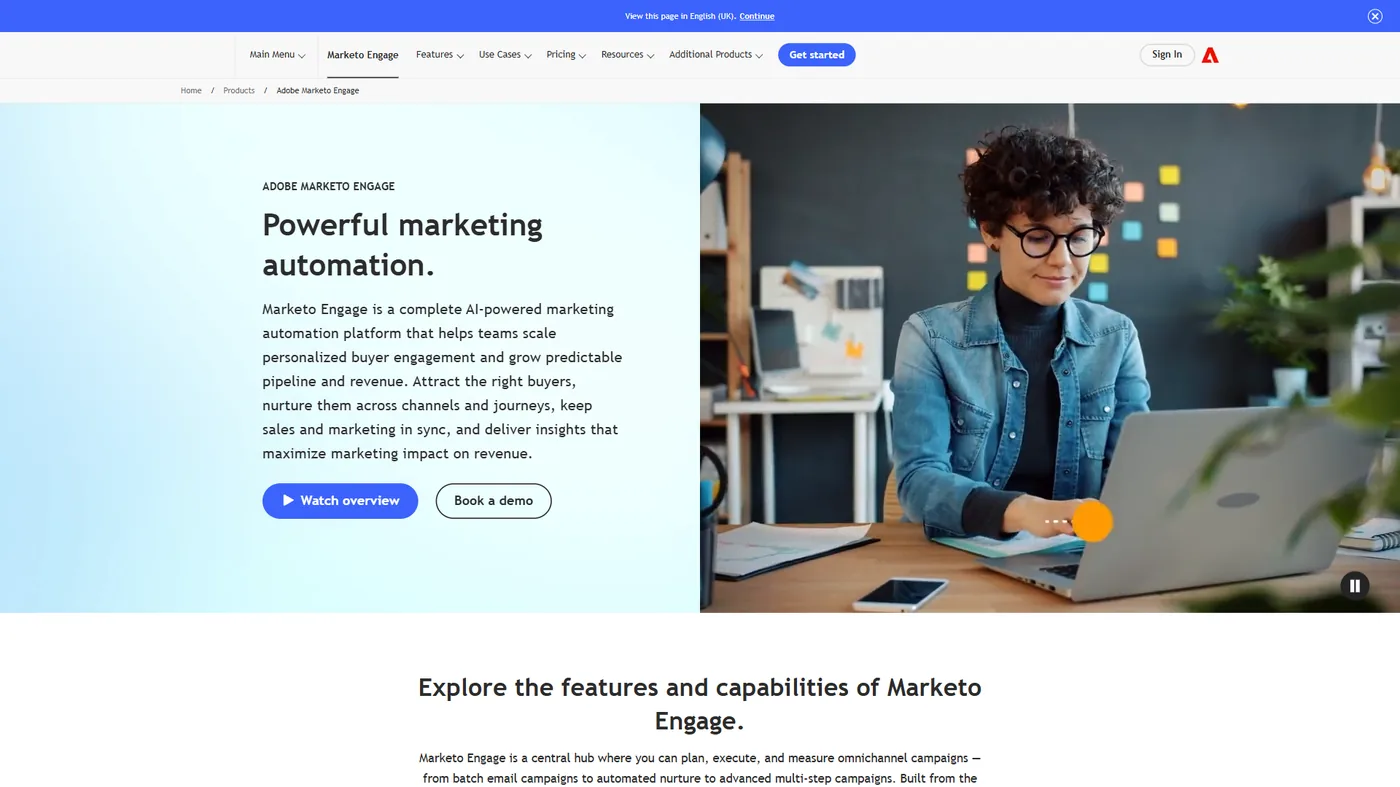 Marketo Engage dashboard displaying account-based marketing campaigns, lead scoring models, and Adobe Sensei AI integration