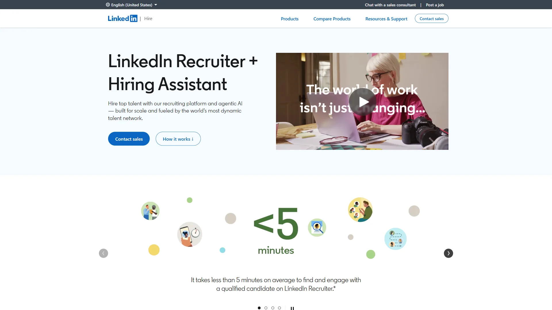 LinkedIn Recruiter plus Hiring Assistant page showing the headline about hiring top talent with agentic AI built on the world's talent network