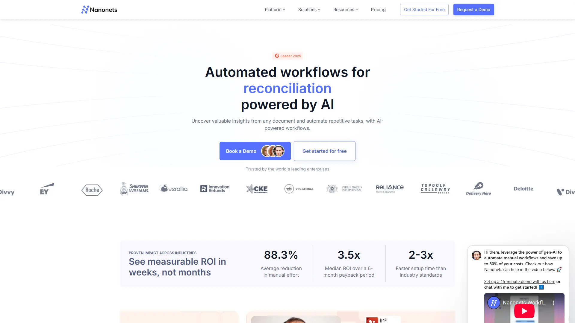 Nanonets homepage showing the headline Automated workflows for reconciliation powered by AI with ROI statistics including 88.3 percent reduction in manual effort