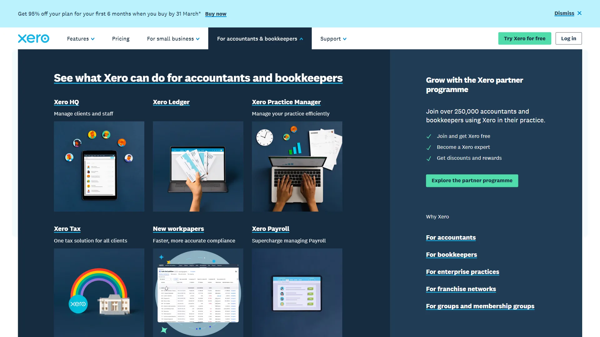 Xero accountants and bookkeepers page showing Xero HQ, Ledger, Practice Manager, and Tax products