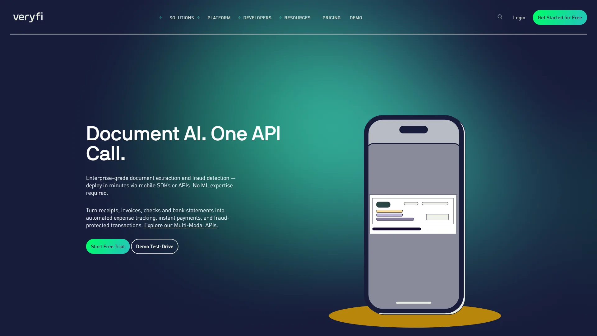 Veryfi homepage with Document AI One API Call headline and mobile phone showing extracted data