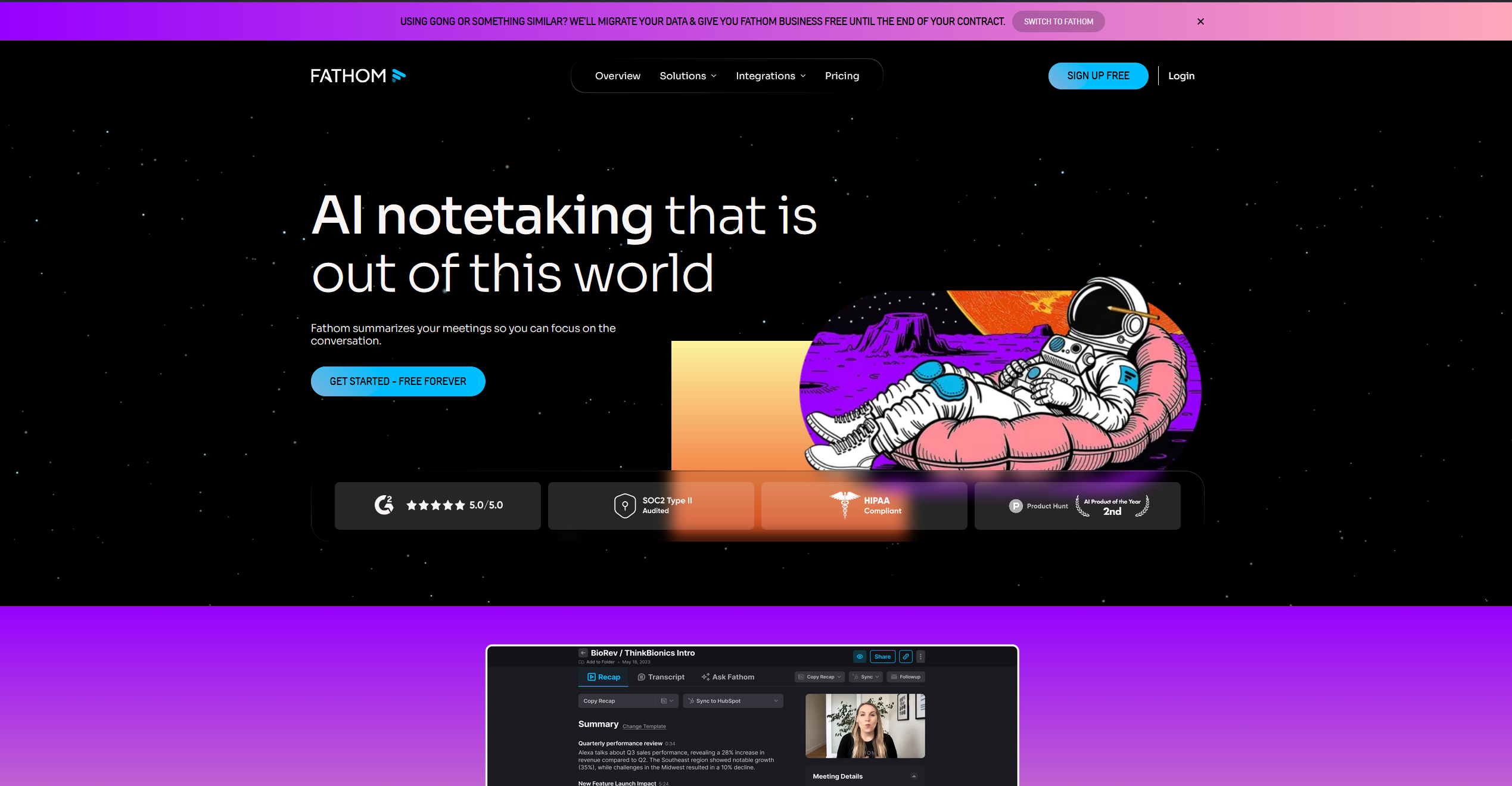 Fathom AI meeting assistant homepage showing CRM integration features