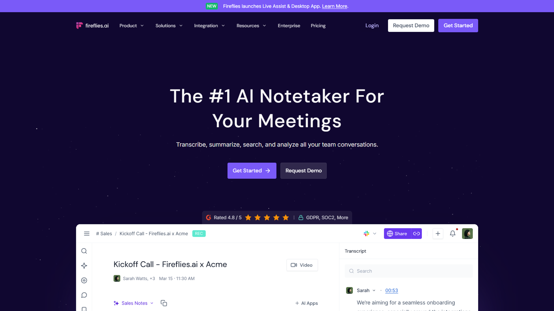Fireflies.ai homepage showing the AI notetaker interface with meeting transcription features