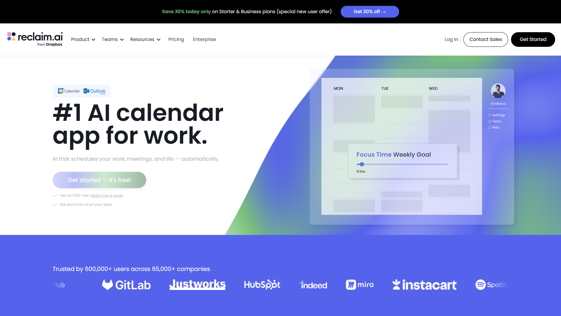 Reclaim AI dashboard showing automated focus time scheduling
