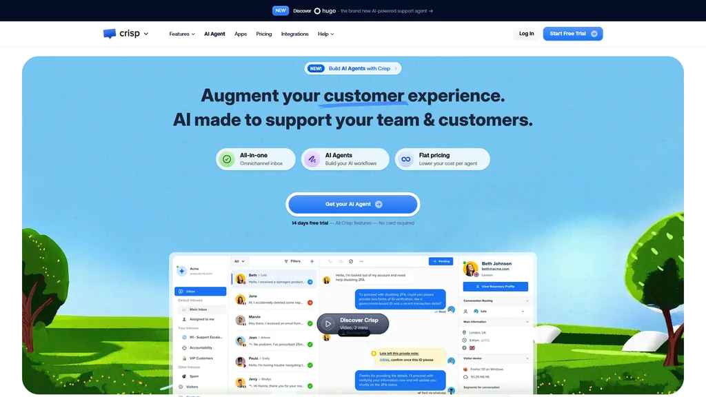 Crisp homepage showing AI-powered customer support platform with omnichannel inbox