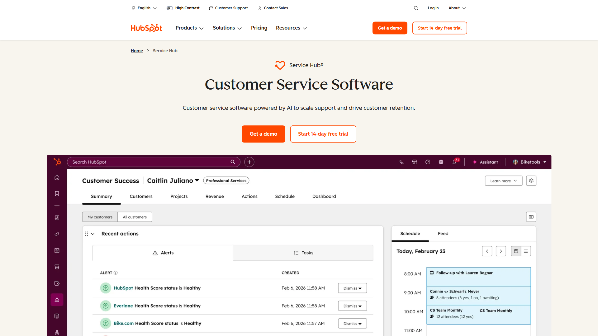 HubSpot Service Hub product page showing customer service platform built on the HubSpot CRM