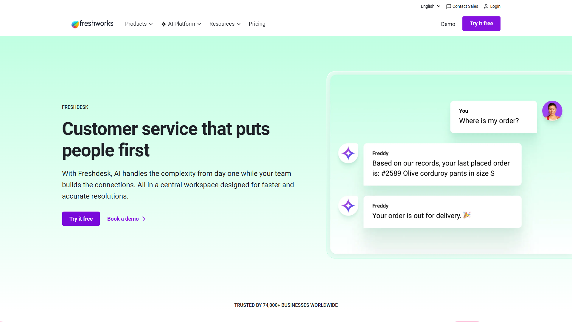 Freshdesk homepage showing AI-powered customer support