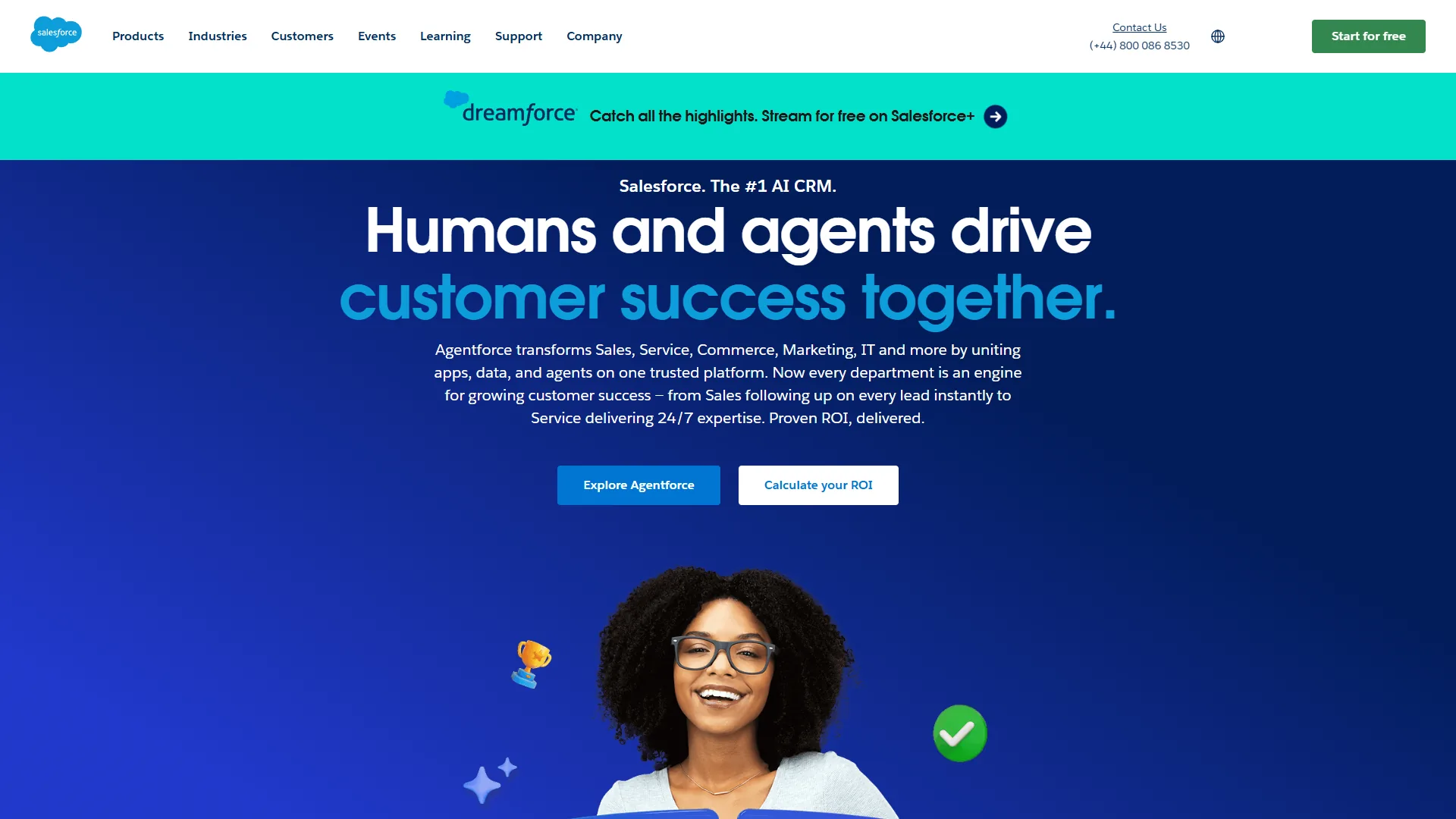 Salesforce homepage promoting Agentforce with the headline Humans and agents drive customer success together and Explore Agentforce CTA
