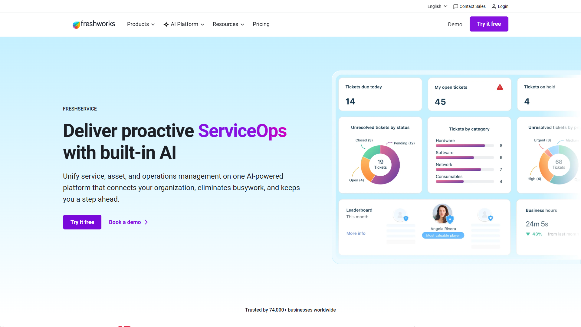 Freshservice homepage showing AI-powered IT service management